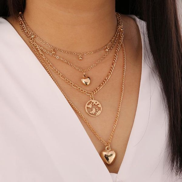 

vintage water drop map heart necklace for women fashion gold color necklaces multiple layers pendant long boho jewelry chains, Silver