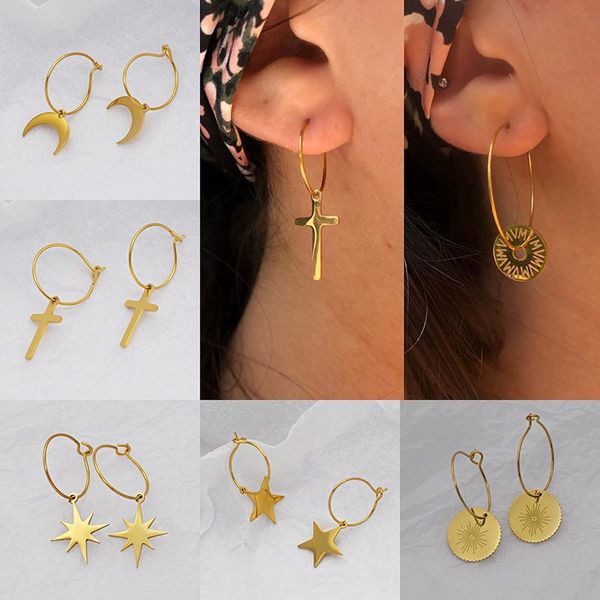 

hoop & huggie simple stainless steel geometric earrings for women punk star moon cross coin round circles pendant female, Golden;silver