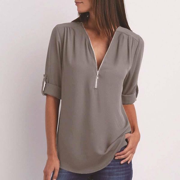 

zipper short sleeve womens shirts v neck solid casual tee clothes plus size, White