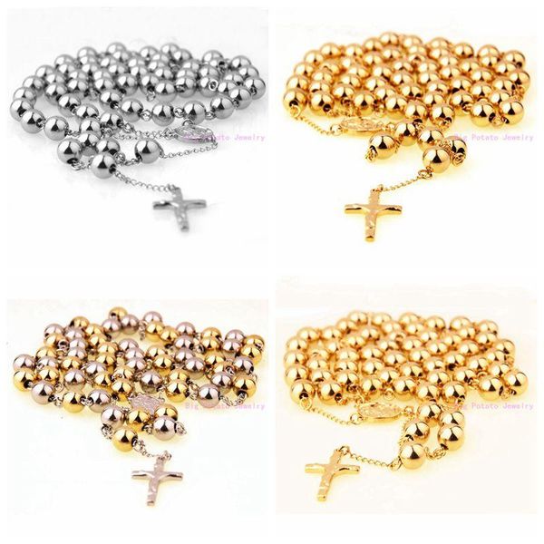 

sell 10mm round ball silver gold color necklace chain with jesus cross pendant stainless steel cool men's jewelry chains