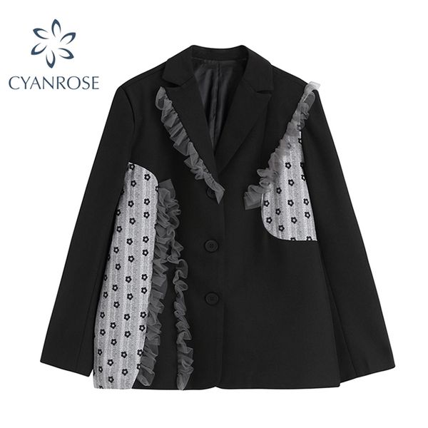 

korean style blazer women irregular ruffle spliced coat female elegant party black single breasted streetwear fashion outwea 210430, White;black