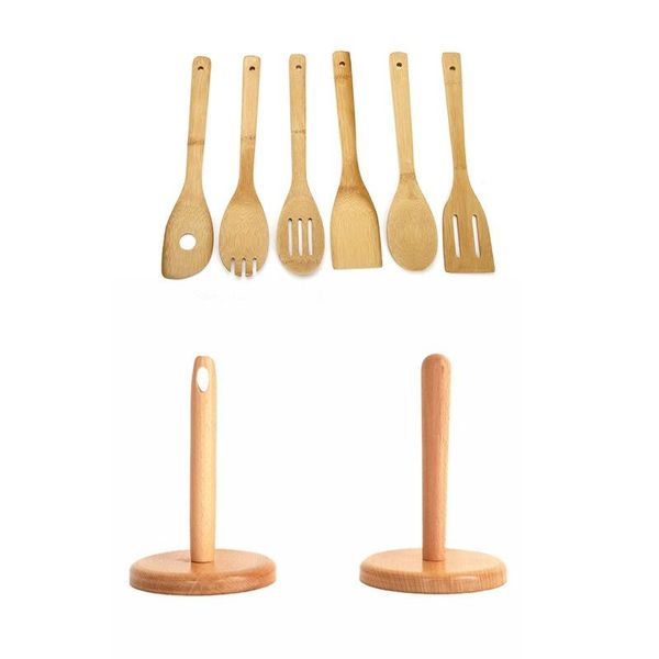 

toilet paper holders 2 pcs wooden table towel rack & 6 bamboo spatula set spoons mixing cooking tools