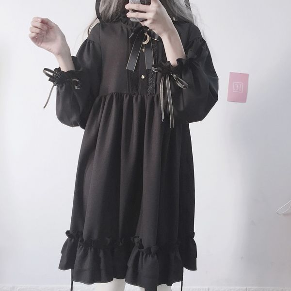 

woherb 2021 japanese gothic summer chiffon dress women vintage bow bandage ruffle black lolita dresses vestidos robe femme 21664, Black;gray