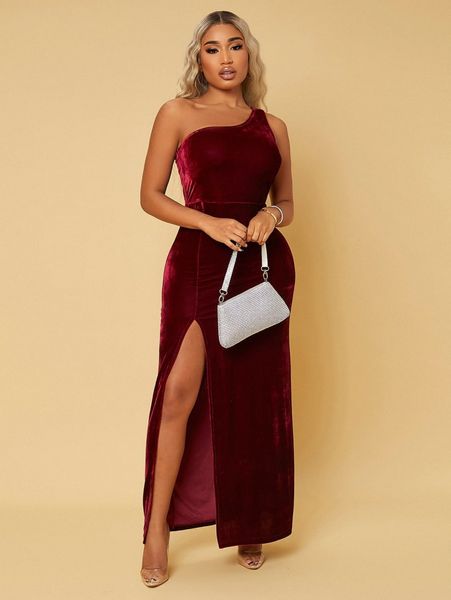

solid split thigh velvet dress w3vq#, Black;gray