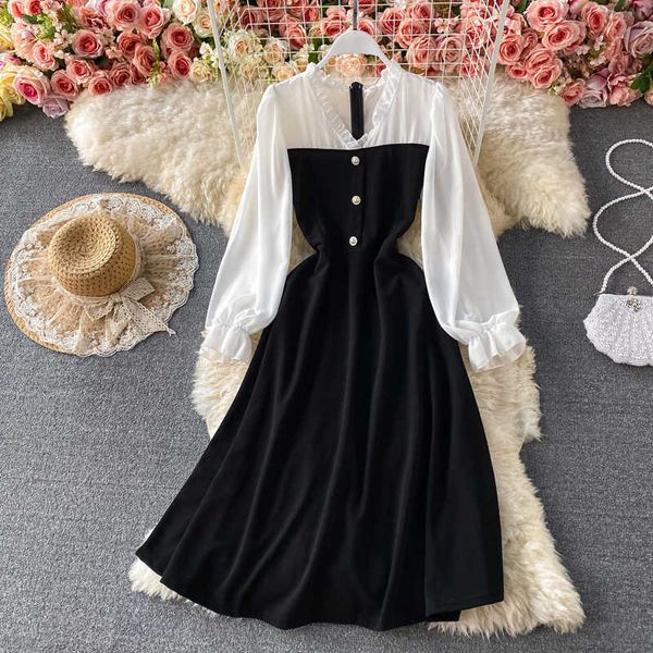 

spring autumn women black patchwork mesh dress vintage 2021 new fashion flare long sleeve ruffle single breasted robe female y0603, Black;gray