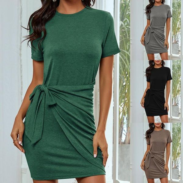 

casual dresses elegant bodycon dress women's knotted short-sleeved round neck solid color slim bandage robe, Black;gray