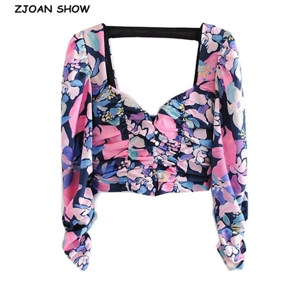 

retro long sleeve floral print pleated ruched cropped shirt women square collar backless slim waist short blouse 210429, White