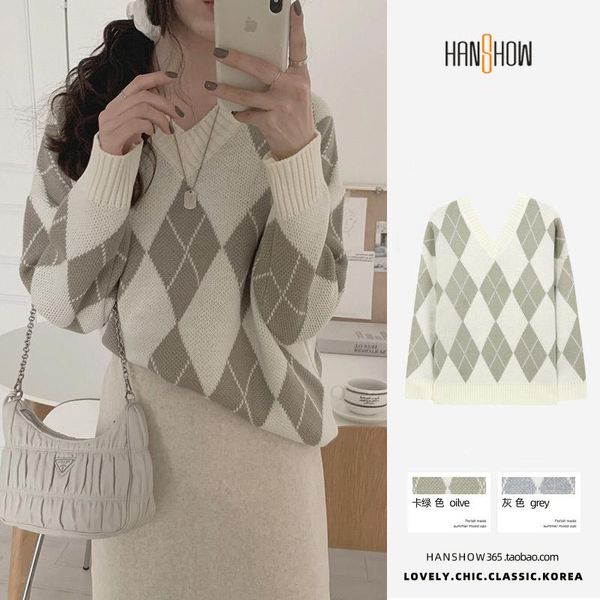 

women's sweaters loose outer wear french korean style retro lazy diamond plaid pullover knitted sweater coat for women autumn and, White;black