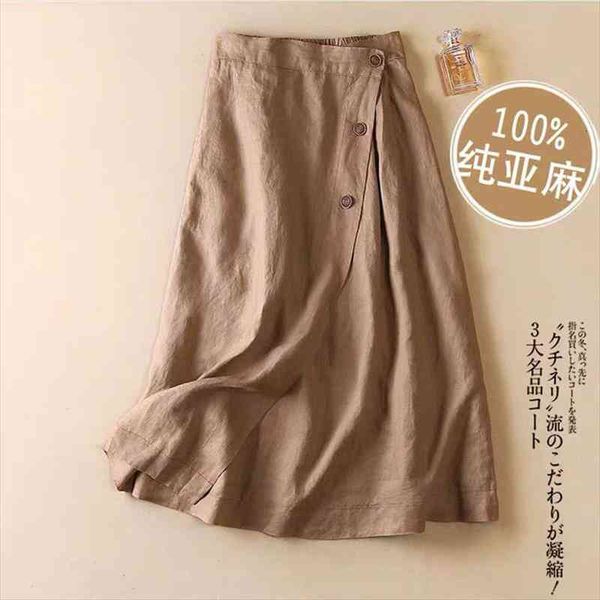 

linen solid color spring womens skirt and summer casual a line elastic waist, Black