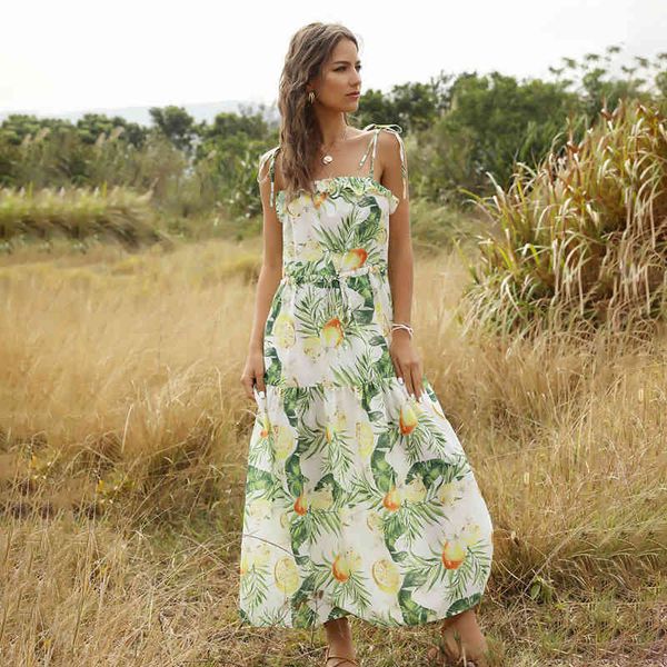 

summer new spaghetti strap print ladies dress women ruffles strapless high waist mid calf sleeveless vacation dress 210413, Black;gray