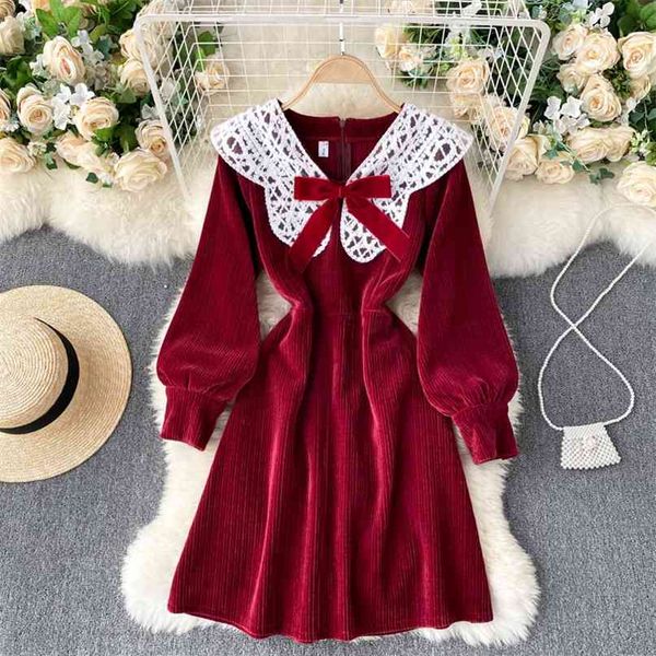 

women fashion autumn winter vintage corduroy contrast stitching lace doll neck slim dress elegant vestidos q779 210527, Black;gray