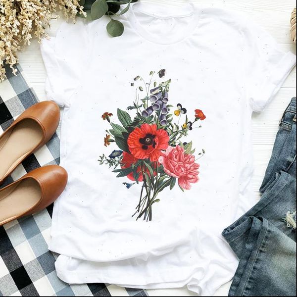 

floral flower short sleeve aesthetic womens t shirts clothing 90s print tee clothes graphic, White