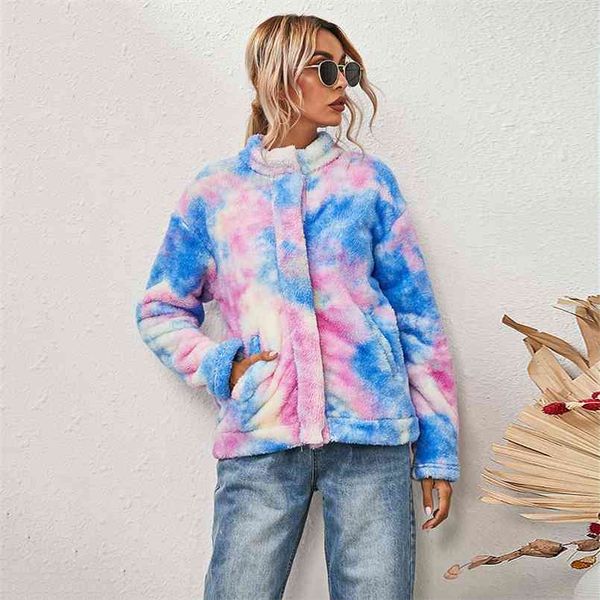 

woman winter fleece coats and jackets tie-dye printed double-sided plush long-sleeved loose casual padded jacket women 210508, Black