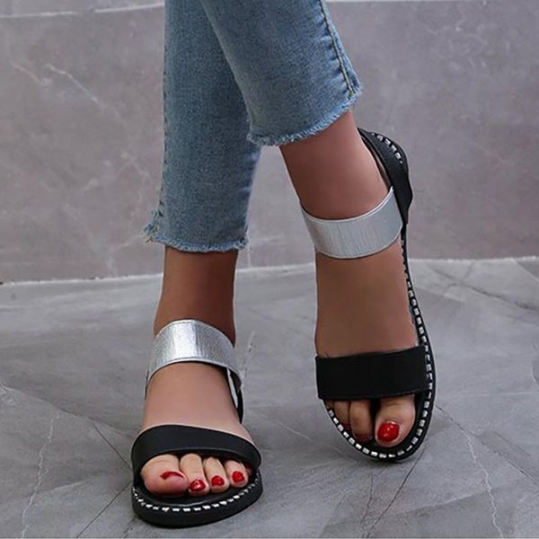 

summer women platform sandals elastic band flats ladies fashion rome sewing footwear open toe black shoes plus size