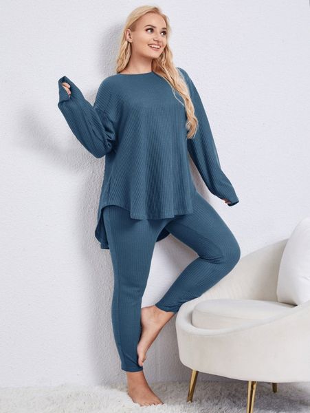 

plus waffle knit drop shoulder high low hem pj set j3bs#, Black;white
