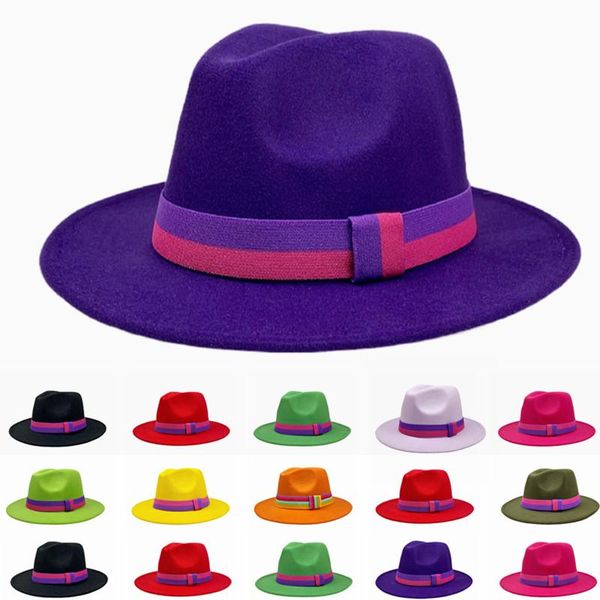 

wide brim hats women wool felt jazz fedora hat with purple belt elegant men panama trilby cap wholesale, Blue;gray