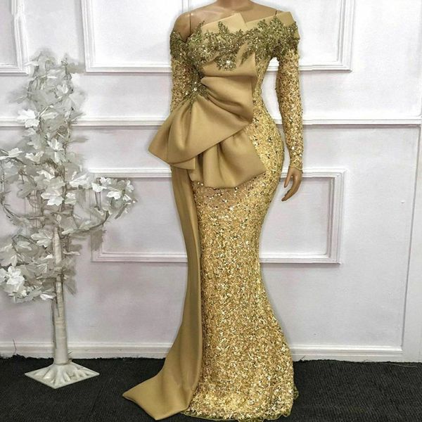 

2022 elegant african long sleeves gold lace mermaid evening dresses gold see through full sleeves beaded prom gowns robe de soiree, Black;red