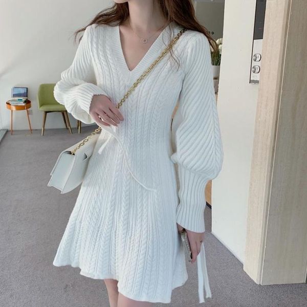 

casual dresses elegant lace-up lantern sleeve a-line knitted dress temperament v neck twist pattern sweater women autumn winter, Black;gray