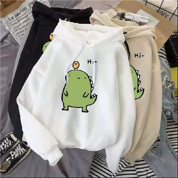 

kawaii womens cartoon dinosaur print hoodies women men hooded long sleeve plush fleece pullover autumn winter tracksuits, Black