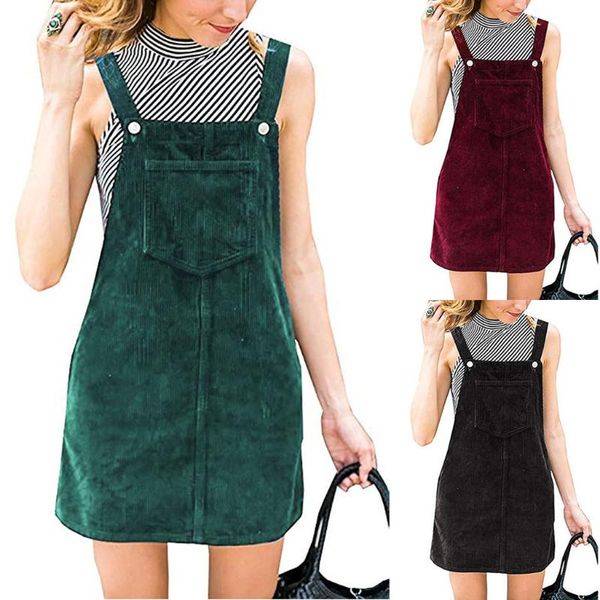 

kalenmos woman strap dress corduroy slim solid color pocket loose casual sling dresses for women, Black;gray