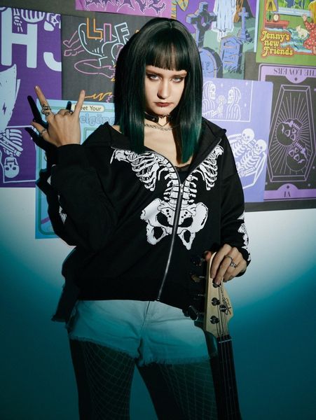 

romwe skeleton graphic zip up hoodie 11me#, White;black