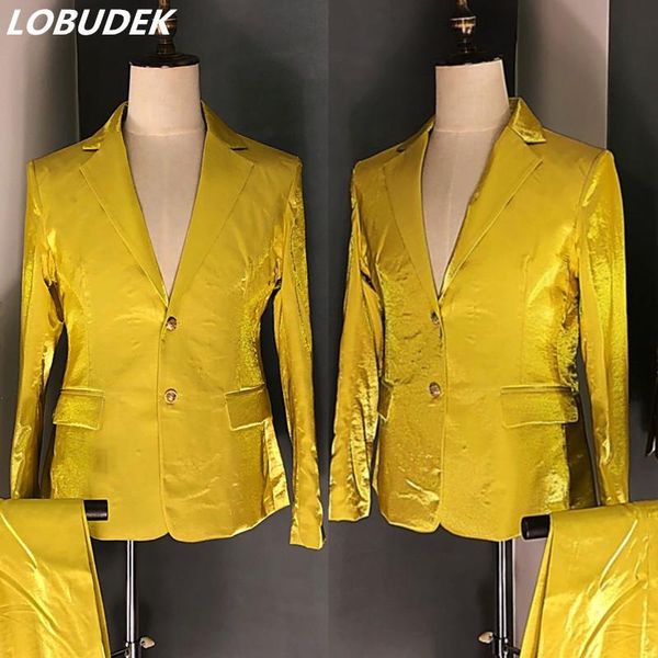 

men host stage suits male singer bar dj nightclub shiny gold satin suit party show performance clothes blazer+pants custom men's & blaz, White;black