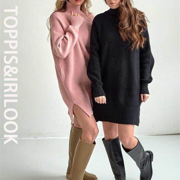 

ies autumn winter women knitted sweater dress long sleeve solid sweater loose knitted dress female 211218, White;black