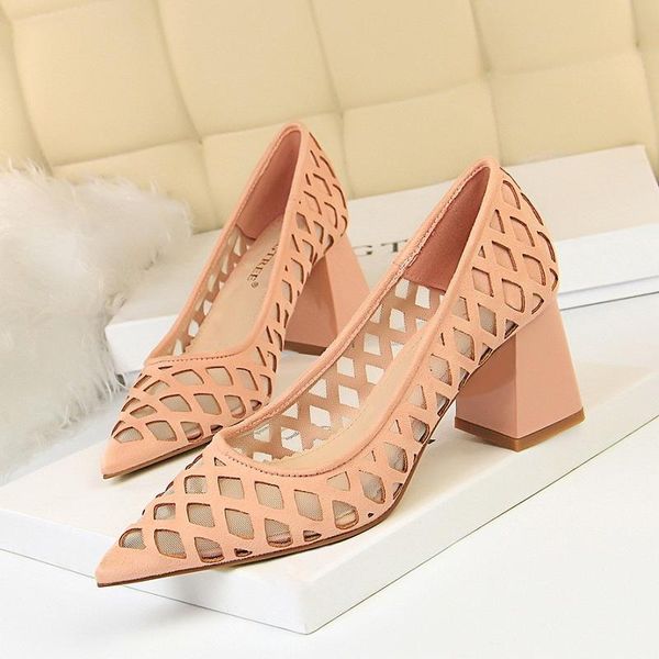 

women high heels shoes hollow out mesh pointed toe pumps ladies vintage block shallow office zapatos mujer dress, Black