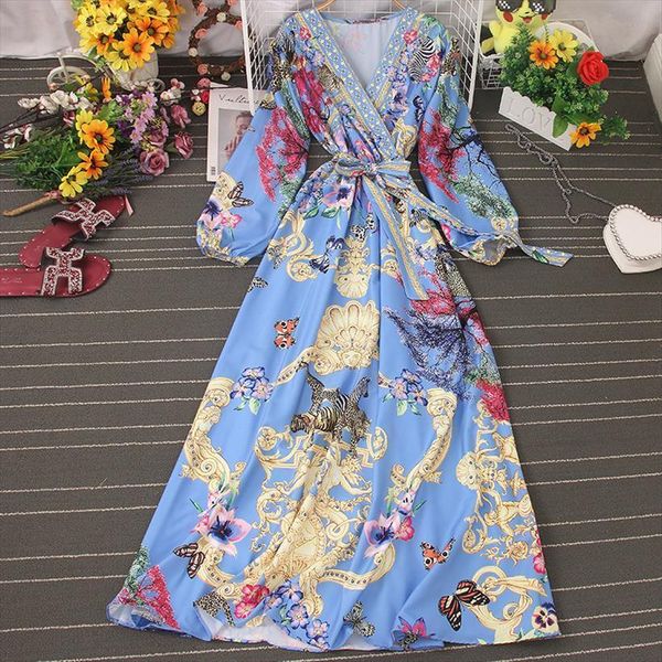 

spring polyester long lantern sleeve womens dresses indie folk deep v neck floral printed swing, Black;gray