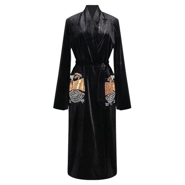 

women's trench coats nanastyle velvet sequins beading windbreakers long sleeve lace up coat female fashion autumn winter 2021, Tan;black