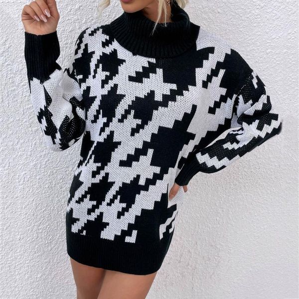 

casual dresses sweater dress women geometric printed turtleneck comfortable loose long-sleeved stitching ladies mini vestidos, Black;gray