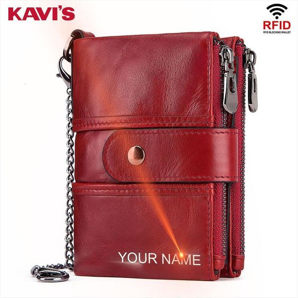 

kavis rfid genuine leather engraving quality wallet women crazy horse wallets coin purse short male mini money bag, Red;black