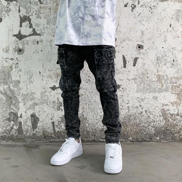 

men's jeans harajuku high street patchwork washed slim male pants loose stretch black ripped denim trousers hip hop baggy track, Blue