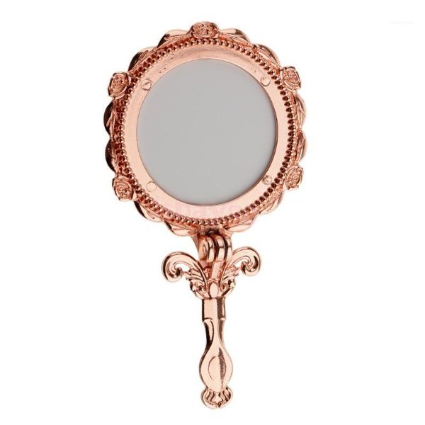 

mini vintage antique style handheld cosmetic folding makeup mirror rose gold round1