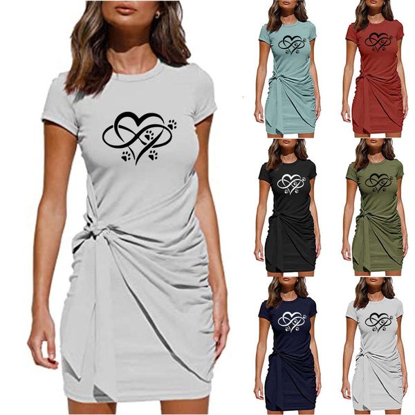 

short sleeve round neck printed pleated bow belt dress, Black;gray