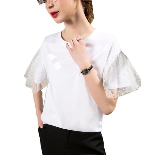 

women's t-shirt cute and sweet trumpet sleeve round neck short-sleeved female 2021 cotton white student korean style tees ae0124