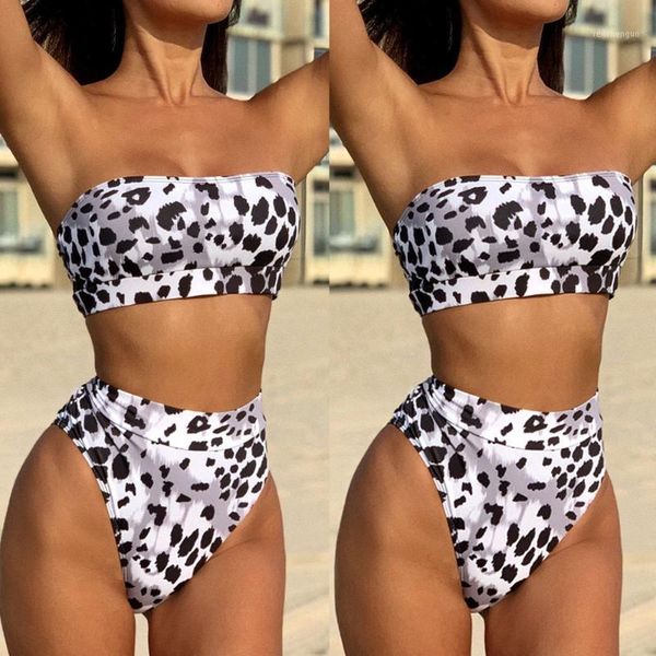 

women's swimwear high waist bikini 2021 leopard swimsuit bandeau cut bathing suit women beachwear swimming, White;black