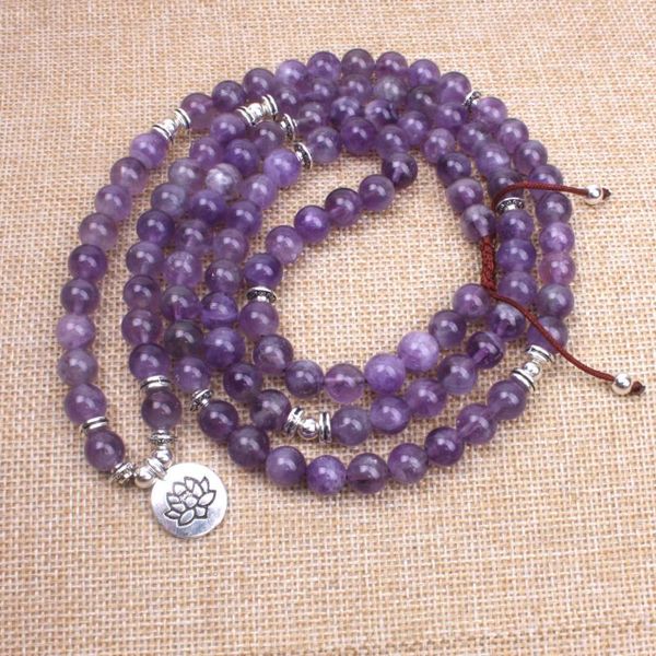 

pendant necklaces women necklace purple natural stone 108 mala meditation yoga jewelry handmade om lotus buddha charm, Silver