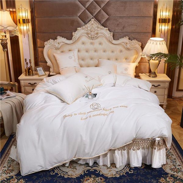 

bedding sets white 600tc egyptian cotton gold flowers embroidery set double duvet cover lace thick bedspread bed linen pillowcase