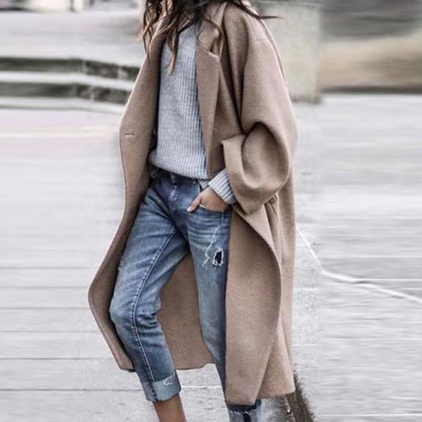 

women's wool & blends elegant lapel autumn winter outerwear coat fashion single breasted loose women overcoat casual long sleeve solid, Black