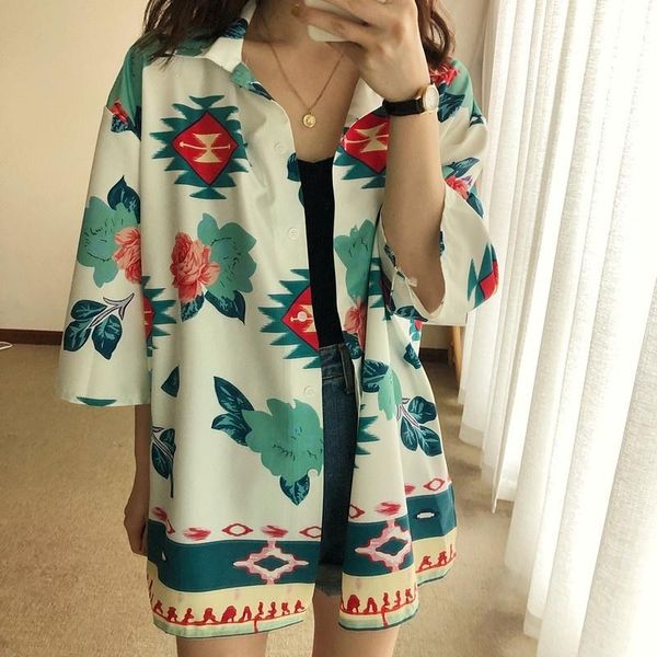 

women's blouses & shirts vintage shirt women summer casual lapel half sleeve floral blouse blusas 2021 plus size clothing, White