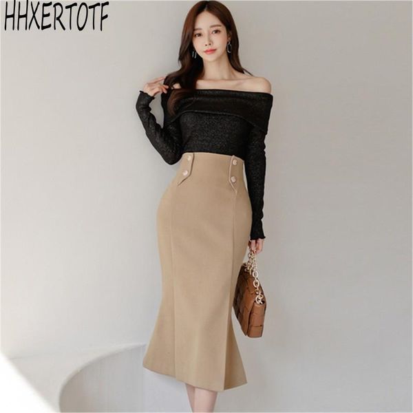 

spring temperament goddess suit fashion slash neck off shoulder +solid fishtail skirt 2 pieces sets women's tracksuits, Gray