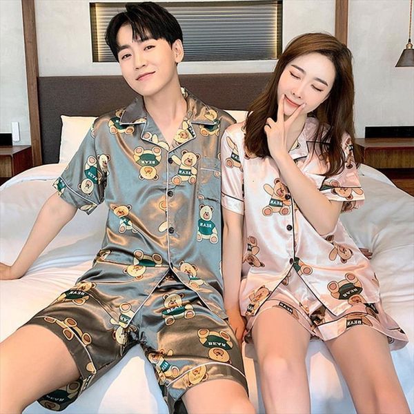 

couple pajamas set homesuit faux womens sleepwears silk cartoon bear short sleeve lapel lover men women pyjamas homewear sleepwear, Black;red