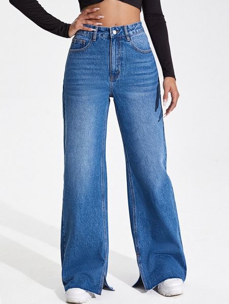 

high waisted split raw hem wide leg jeans x70j#, Blue
