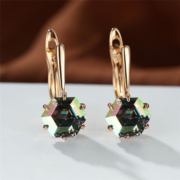 

hoop & huggie rainbow zircon hexagon stone earrings antique rose gold color wedding dainty multicolor crystal for women, Golden;silver