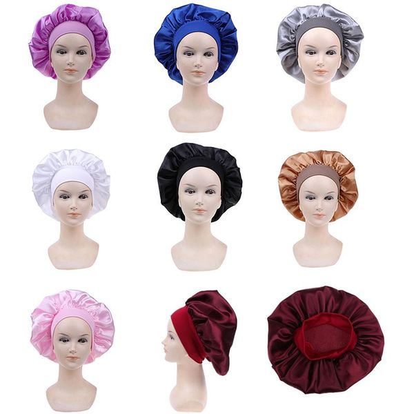 

shower caps 58cm solid color women satin bonnet cap night sleep hat adjust