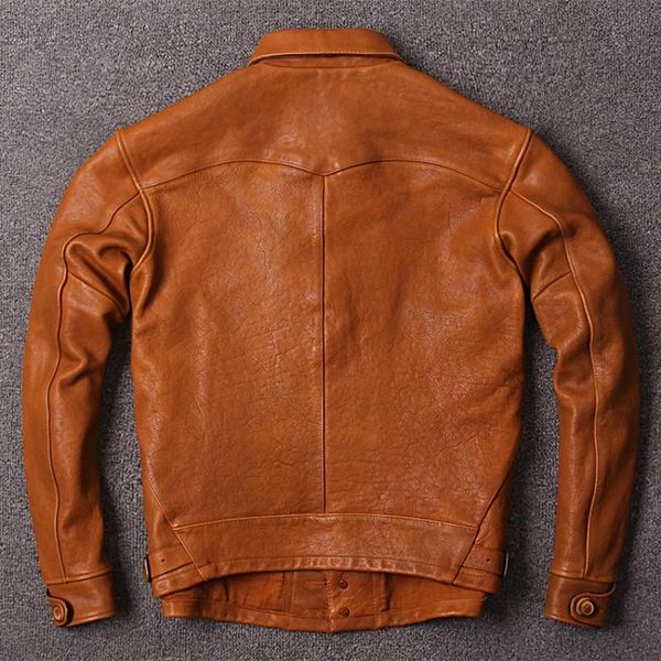 

men's leather & faux solid slim vintage genuine jacket mens classic lapel single breasted 100% cowhide real coat fashion man clothes, Black