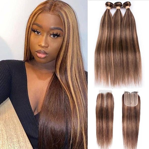 

human hair bulks highlight p4/27 bundles with closure straight 3 malaysian weave 4x4 x1 hd lace, Black