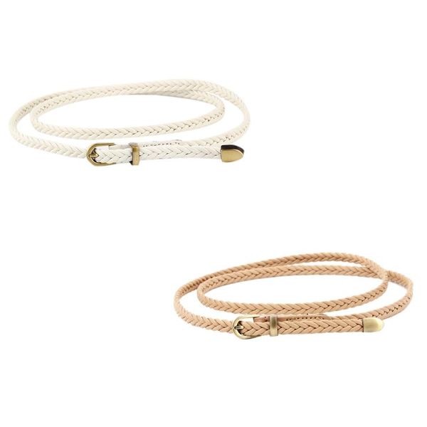 

2x hand-woven belt female pin buckle retro casual wild thin waist rope decoration white & khaki belts, Black;brown