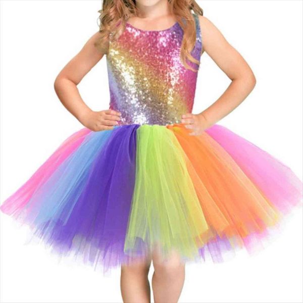 

children dance costume princess cosplay girl dresses rainbow sequined mesh colorful tutu dress masquerade party role play kids clothes, Red;yellow